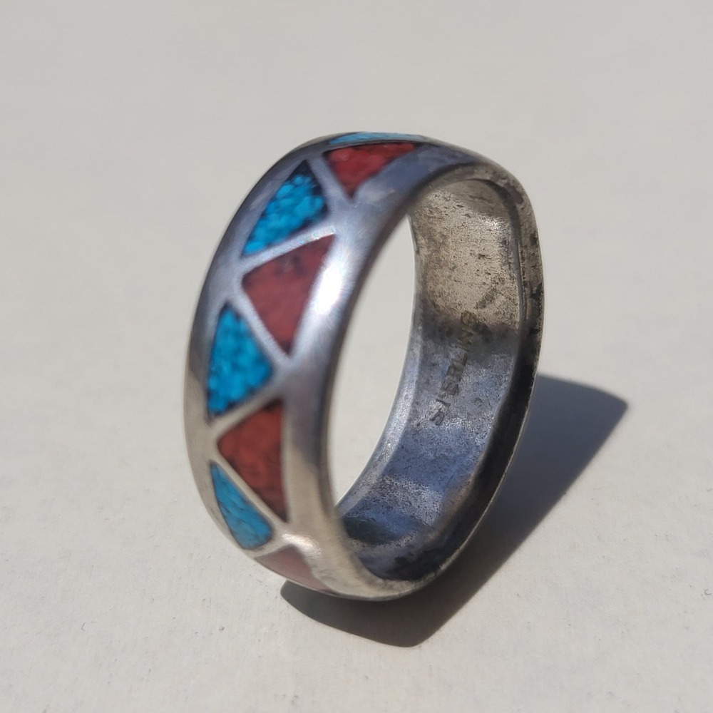 Vintage Sterling Silver Turquoise Coral Inlay Triangle Band Ring Size 7 Blue - Picture 2 of 8